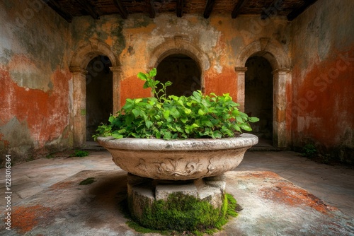 A dried-out fountain in a grand plaza, with moss growing over its stone carvings, evoking a time when it was a centerpiece of celebration