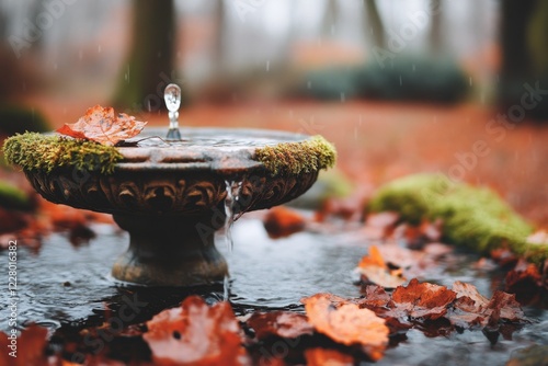 A dried-out fountain in a grand plaza, with moss growing over its stone carvings, evoking a time when it was a centerpiece of celebration