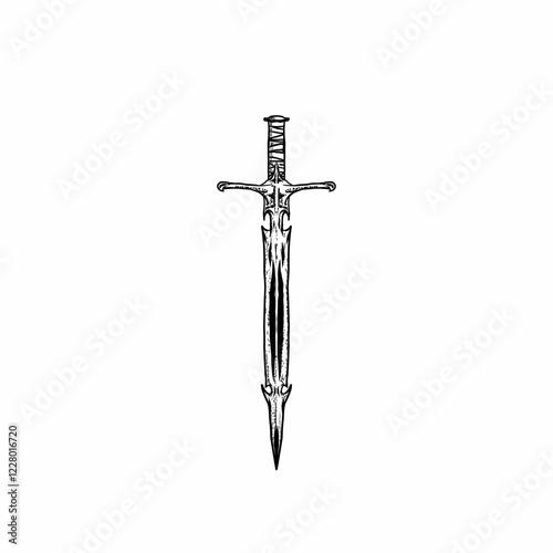 Medieval swords with long blades in engraving hand drawn style. Gothic dark warrior weapons on white background. Vintage vector illustration.