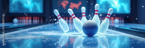 A dynamic bowling scene capturing the moment a bowling ball strikes pins, perfect for leisure, sports marketing, and entertainment themes. photo