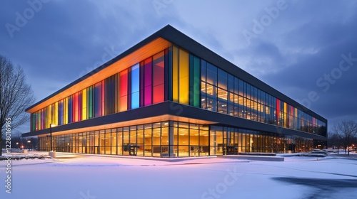 A beautiful modern architecture building with vibrant multicolored glass panels illuminated during dusk, reflecting a stunning blend of colors and lights. photo