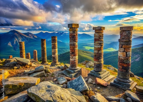 Majestic Mountaintop Pillars: Panoramic View of Zelenaya Mountain Remnants in Sheregesh, Russia photo