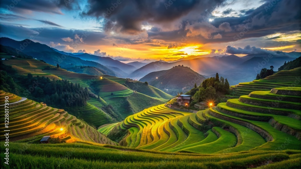 Naklejka premium Majestic Mu Cang Chai Rice Terraces at Mam Xoi Viewpoint, Vietnam - Night Photography