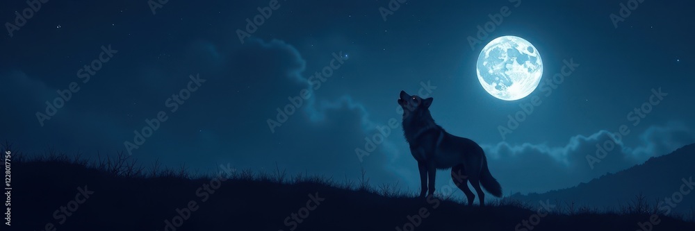 Lone wolf silhouetted against bright full moon, howling at night , landscape, serene, lunar eclipse Lone wolf silhouetted against bright full moon, howling at night , landscape, serene, lunar eclipse