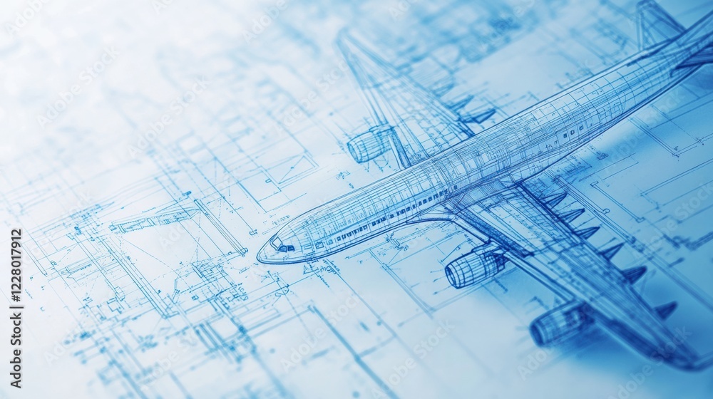 Blueprints showcase detailed design of an airplane structural components and engineering elements for advanced aviation. Generative AI Blueprints showcase detailed design of an airplane structural components and engineering elements for advanced aviation. Generative AI