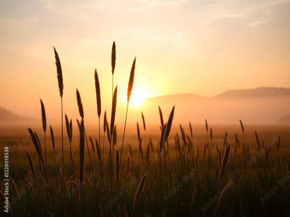 In the foreground, tall grasses stand in front of an orange and yellow sunrise sky. In the background is a foggy misty field. The sun shines through the clouds onto some distant hills In the foreground, tall grasses stand in front of an orange and yellow sunrise sky. In the background is a foggy misty field. The sun shines through the clouds onto some distant hills