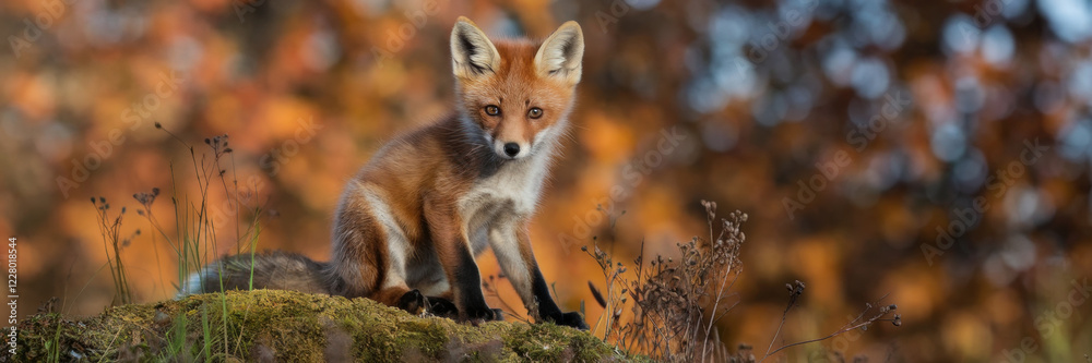 A banner with the image of a red fox cub. The fox cub is sitting on a moss-covered hillock, his paws gently touching the vegetation. In the background is a blurred image of autumn foliage. A banner with the image of a red fox cub. The fox cub is sitting on a moss-covered hillock, his paws gently touching the vegetation. In the background is a blurred image of autumn foliage.
