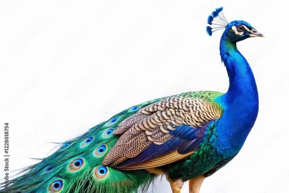 Fototapeta premium Majestic Peacock with Vibrant Blue Plumage, Isolated on White Background - Stock Photo