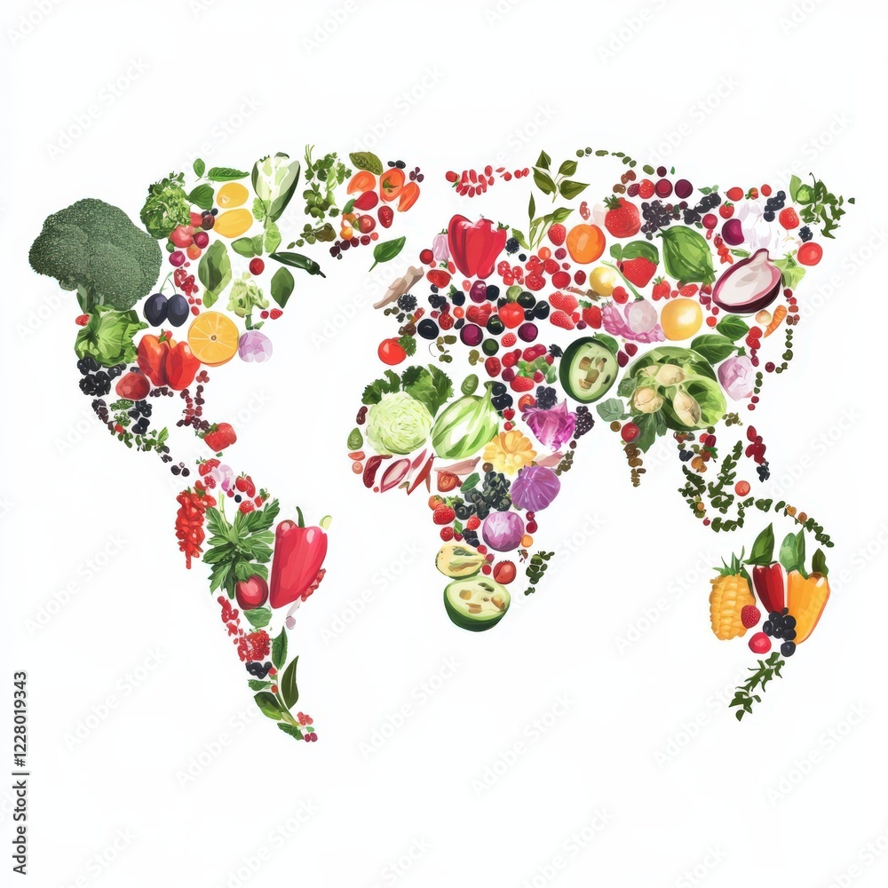 Naklejka premium A colorful map of the world made of vegetables and fruits