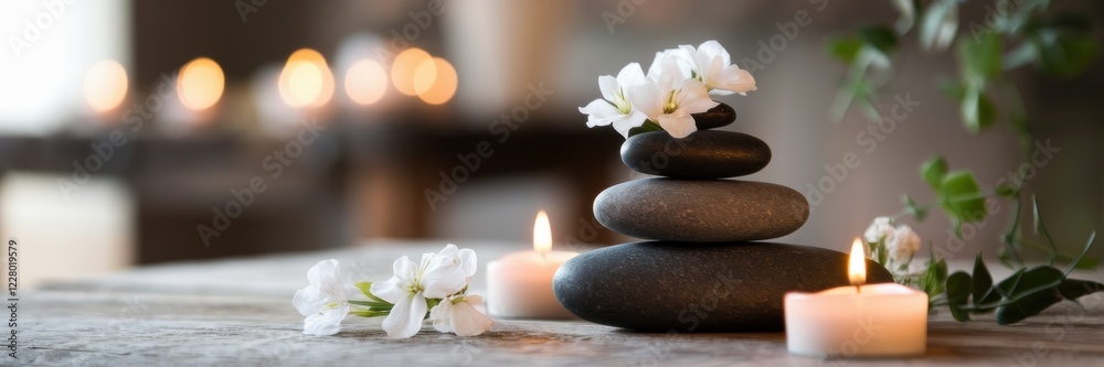 A banner depicting a multitude of smooth dark stones decorated with delicate white flowers and illuminated by the soft light of candles. A banner with space for the text. The background is blurred. A banner depicting a multitude of smooth dark stones decorated with delicate white flowers and illuminated by the soft light of candles. A banner with space for the text. The background is blurred.