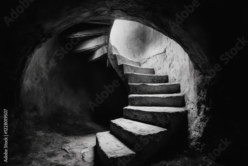 A lengthy staircase in an old castle, winding upwards into darkness, with a faint glow of light at the top
