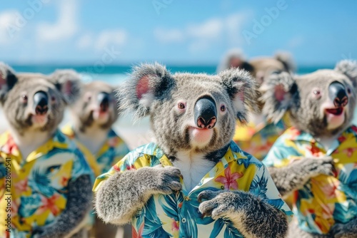 Lively Koalas in Tropical Shirts Enjoying the Sunshine photo