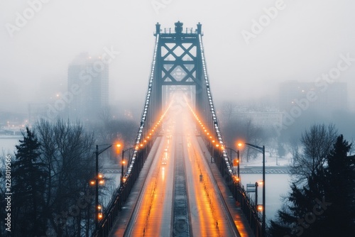 A lengthy suspension bridge stretching over a foggy river, with faint lights illuminating its structure photo