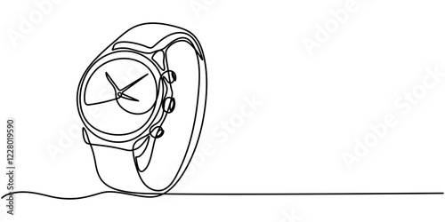 Watch line art drawing, chronograph watch icon, hand watch icon continuous one line drawing, Watch Continuous Line Art Illustration, Vector illustration of hand watch isolated on white background. 