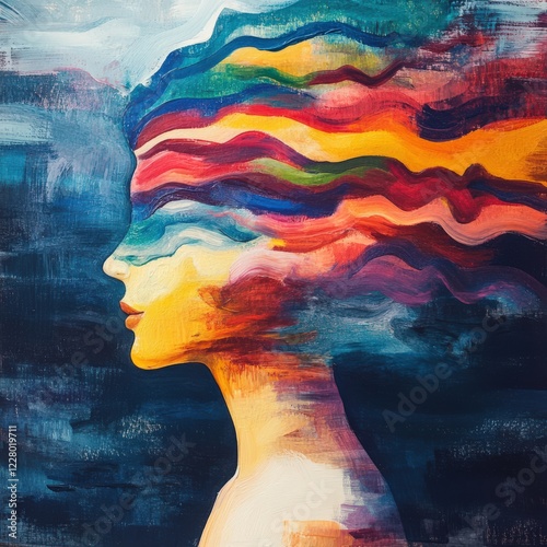 A painting of a woman's head with colorful hair and a blue background