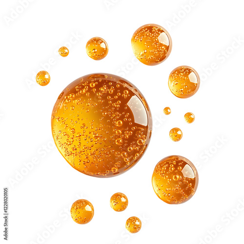 Round golden drops of oil or serum on white background, retinol, vitamin C serum droplets