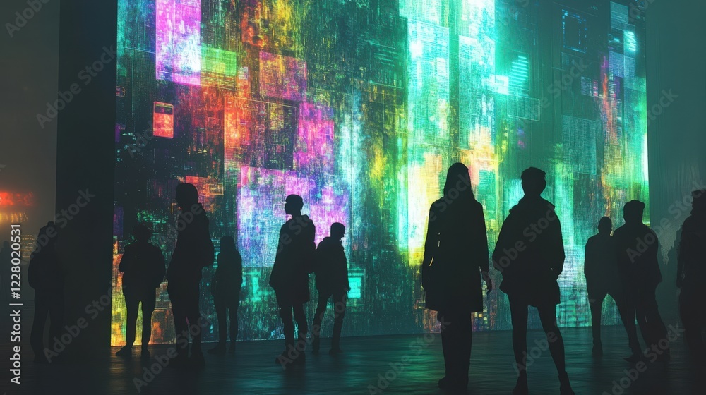 A group of people are standing in front of a large, colorful wall A group of people are standing in front of a large, colorful wall
