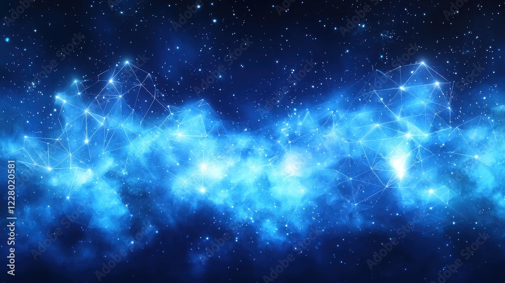 A cosmic scene depicting a blue galaxy with stars and geometric patterns.