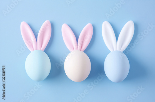 Cute Easter Eggs with Bunny Ears on Blue Background: Creative Holiday Composition