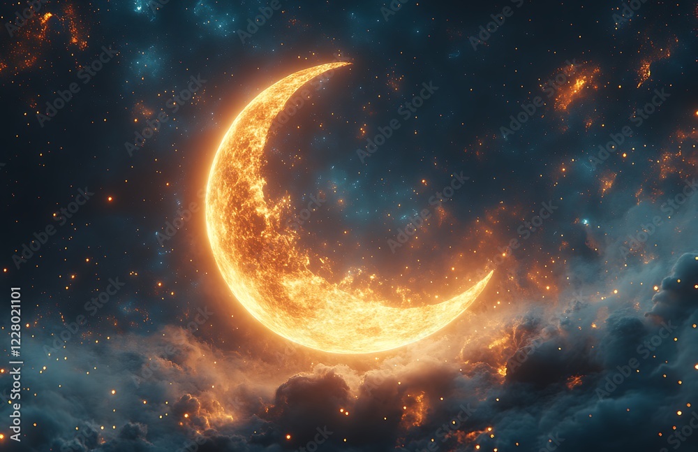 Obraz premium Luminous Crescent Moon Amid a Starry Sky with Ethereal CloudsLuminous Crescent Moon Amid a Starry Sky with Ethereal Clouds