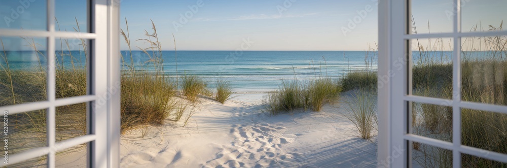 A banner depicting a beach landscape visible through an open window. The beach has turquoise water, tall grass and white sand. Dunes and thickets of grass. Ocean to the horizon under a clear sky. A banner depicting a beach landscape visible through an open window. The beach has turquoise water, tall grass and white sand. Dunes and thickets of grass. Ocean to the horizon under a clear sky.