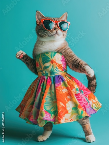 Cute cat dressed in colorful floral dress, wearing paw-sized sunglasses, looking stylish and playful.