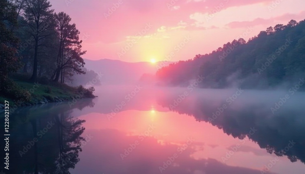 Fototapeta premium Soft pink mist rises over tranquil Grand River, peaceful, sunrise, calm