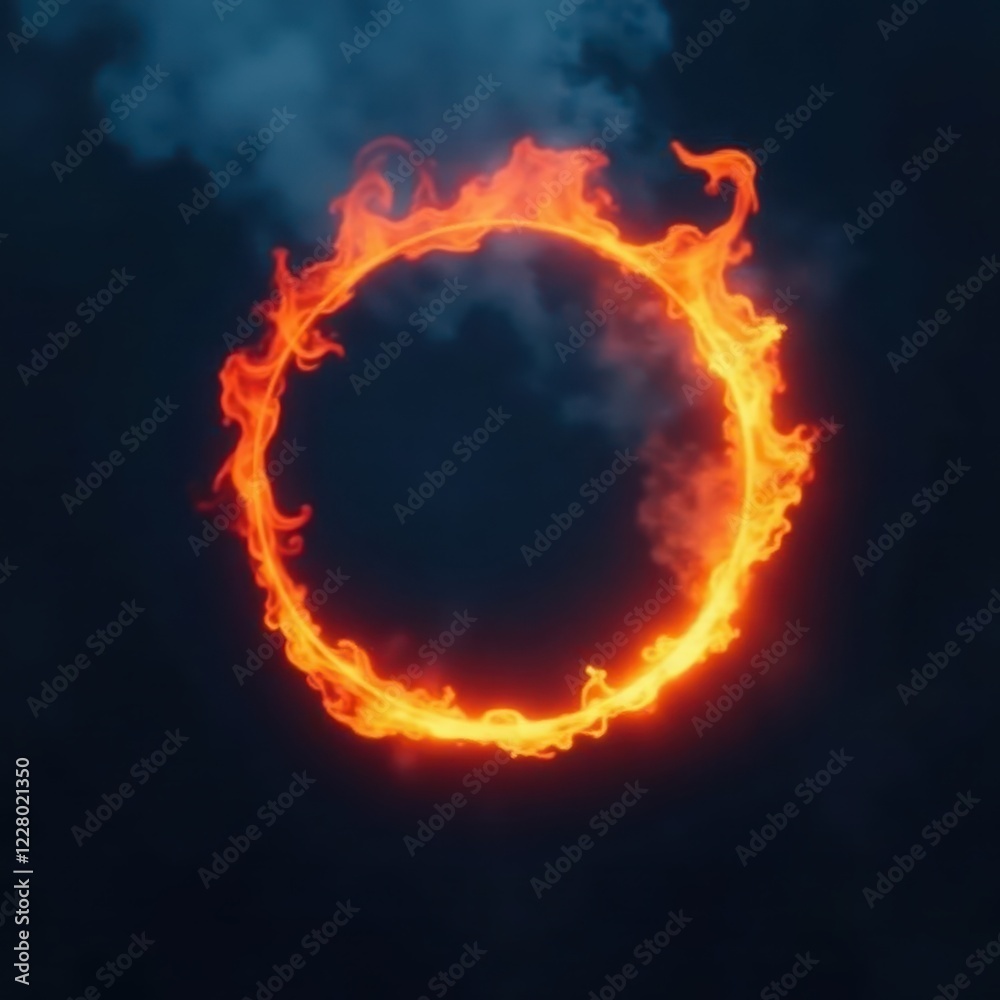 Fototapeta premium Smoky, dark background, glowing orange fire circle , ring, flame, mystical