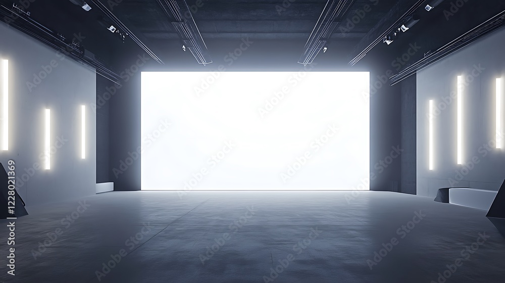 A movie theater with a large white screen and stage lights. A movie theater with a large white screen and stage lights.