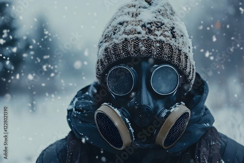 Wallpaper Mural Individual wearing a gas mask and knitted hat in a snowy setting, highlighting a cold and challenging environment Torontodigital.ca