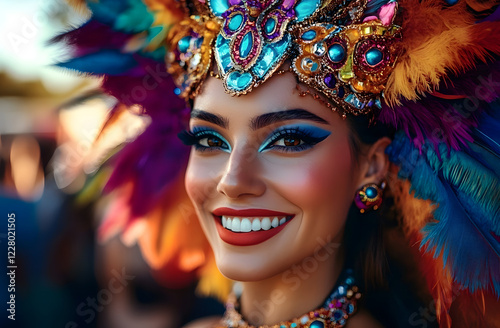 Woman smiles brightly wearing vibrant carnival costume. Elaborate headdress adorned with colorful feathers, jewels. Festive makeup. Performer at celebration. Carnival parade scene. Event in tropical photo