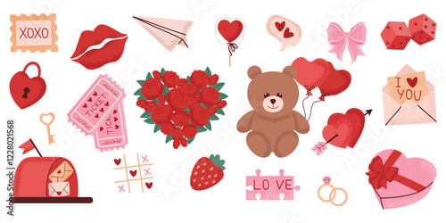 Cute set of romantic elements. Adorable Valentine's Day Illustrations with Teddy bear and decorations