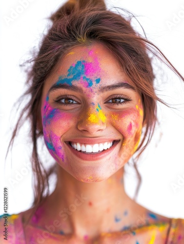 Female model with vibrant face paint participating in Holi festival or similar colorful celebrations. photo