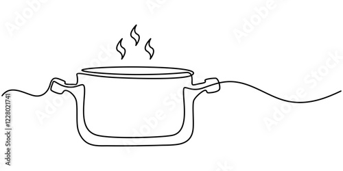 Saucepan Single Line Icon, Steaming cooking pot icon continuous one line drawing, Boiling Single Line Icon, Continuous one line drawing saucepan with lid. Kitchen appliances concept. Single line draw.