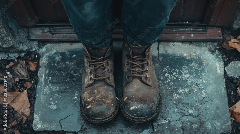 A person wearing boots standing in front of a door. A person wearing boots standing in front of a door.