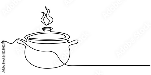 Saucepan Single Line Icon, Steaming cooking pot icon continuous one line drawing, Boiling Single Line Icon, Continuous one line drawing saucepan with lid. Kitchen appliances concept. Single line draw.