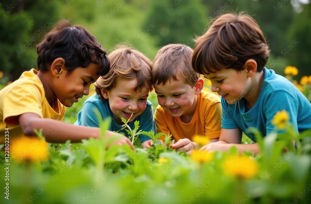 kids planting in garden, four children happily planting small plant together in lush green garden - concept of nature connection, teamwork, joyful gardening kids planting in garden, four children happily planting small plant together in lush green garden - concept of nature connection, teamwork, joyful gardening