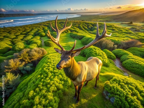 Majestic Tule Elk Bull in Coastal California Prairie - Aerial View photo