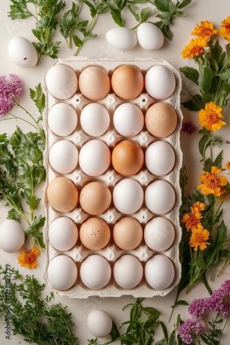 Rustic Farm Market Aesthetic Cinematic Overhead View of Eco-Friendly Egg Cartons with Fresh Herbs and Wildflowers - Sustainable Agriculture and Organic Branding Solutions photo