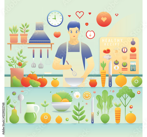 Healthy lifestyle campaign flat vector illustration healthy food recipes