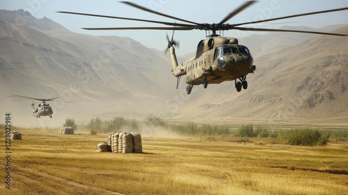 A helicopter is flying over a desert with mountains in the background photo