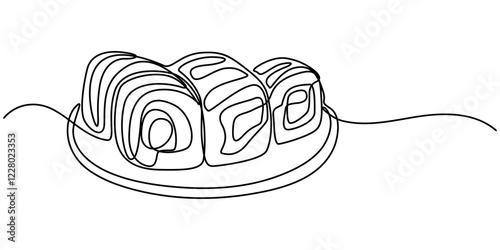 Continuous Line Drawing of Sushi Icon. Hand Drawn Symbol Vector Illustration, Japanese sushi roll continuous line drawing. Minimalist food art on white background, Nigiri set, sushi, salmon , Aburi. 