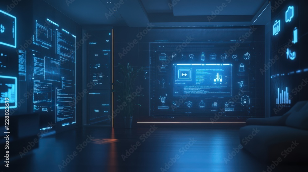 A room with a large screen that is lit up in blue A room with a large screen that is lit up in blue