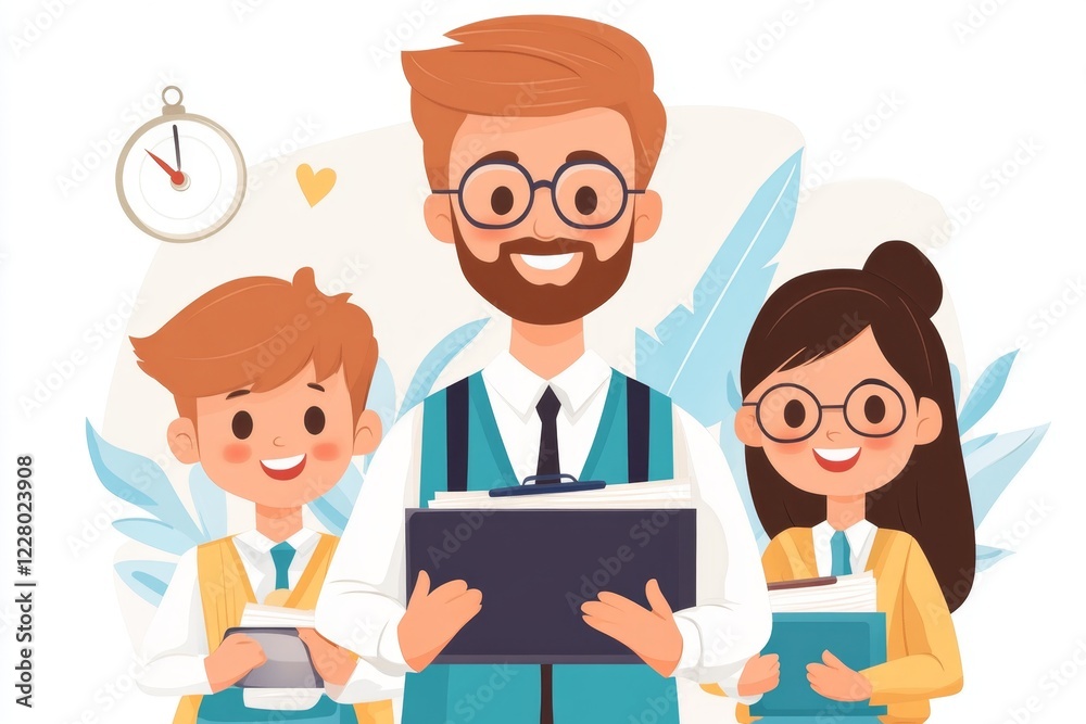 A playful 2D cartoon of a teacher standing at the back of a classroom, overseeing students as they work on a test, set against a clean white background A playful 2D cartoon of a teacher standing at the back of a classroom, overseeing students as they work on a test, set against a clean white background