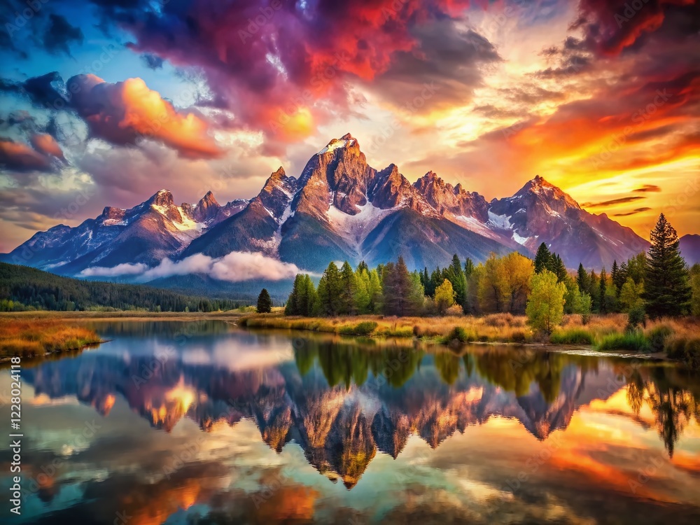 Fototapeta premium Majestic Wyoming & Montana Mountain Double Exposure: Dramatic Peaks & Serene Skies