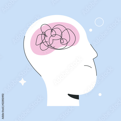 Confusion and tangled thoughts in human head, looks like brain concept. Anxious person suffering from chaotic thinking, personality disorder and overload in mind, flat vector isolated illustration