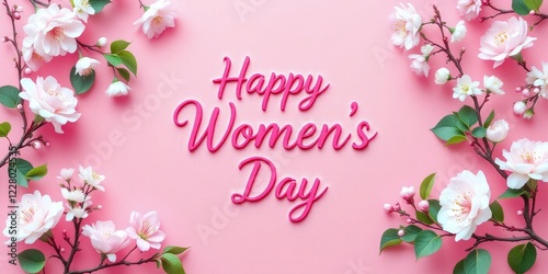 Happy Women's Day lettering background with pink cherry blossoms. 8 March holiday celebration. Flat lay composition. Spring flowers. Floral design