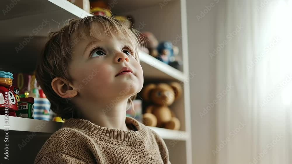 Child Reaching for Toy on High Shelf with Hopeful Expression Child Reaching for Toy on High Shelf with Hopeful Expression