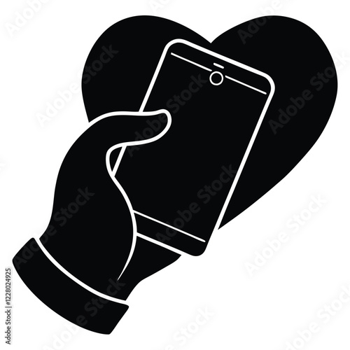Hand holding a smartphone with a red heart icon displayed, symbolizing social media connection