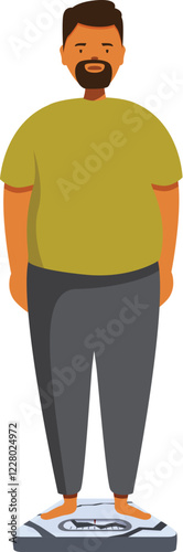 Overweight man is standing on a weighing scale, potentially concerned about his weight and health